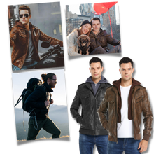 Cargar imagen en el visor de la galería, Chaqueta motera clásica de cuero marrón
 - Ozerty